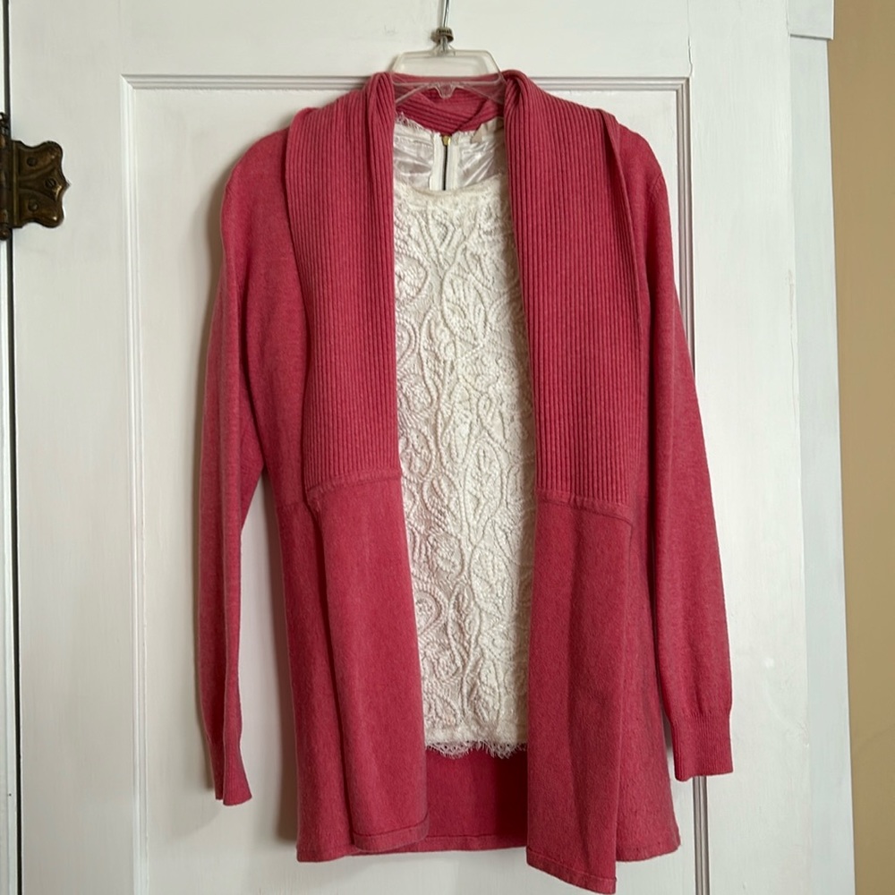J. Peterman pink open front merino wool blend cardigan S